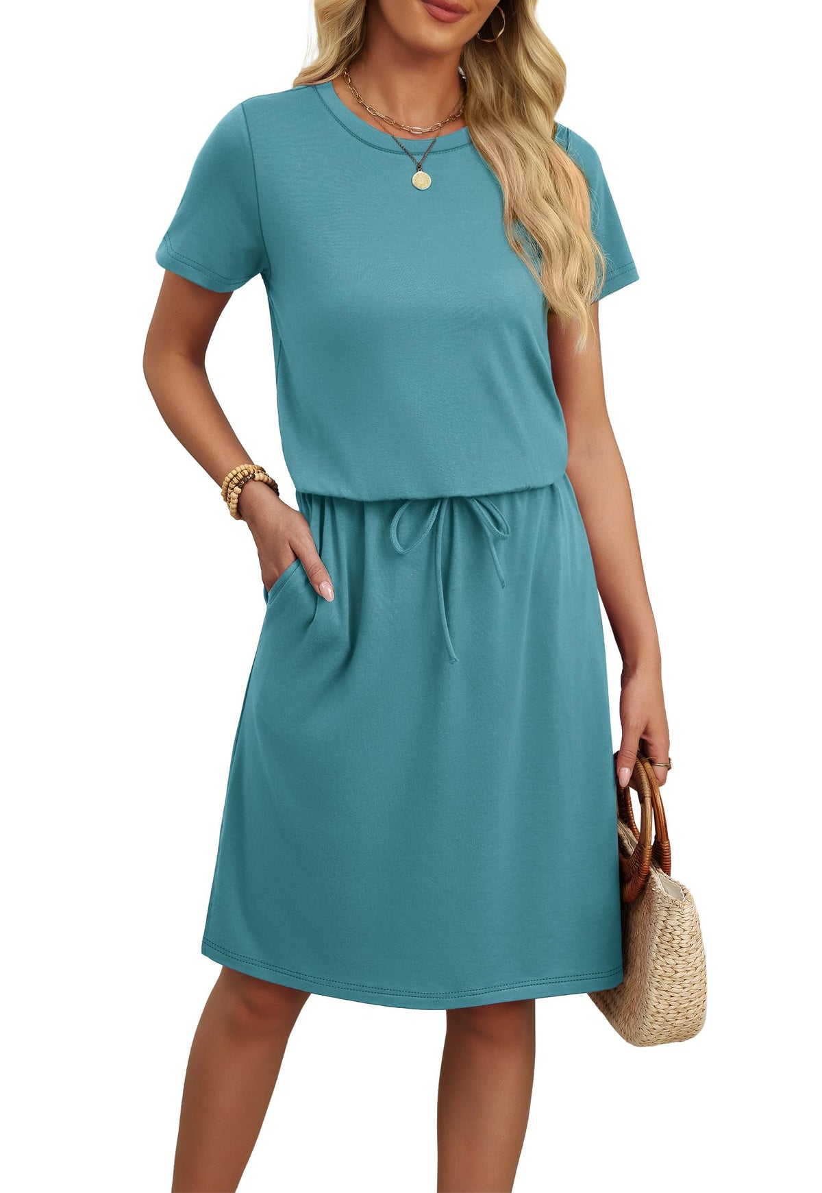 OFEEFAN Womens Summer Dresses Fashion Short Sleeve Crew Neck T Shirt Sundresses Casual Tie Waist with Pockets