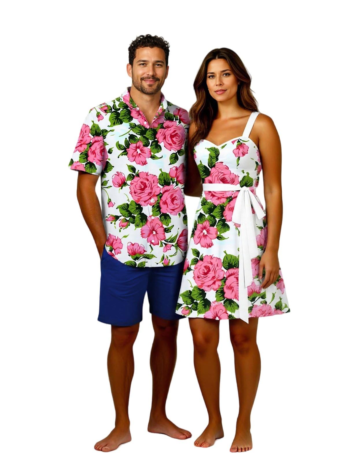 DRESSFO Couple Matching Hawaiian Outfits Allover Flower Print Sundress or Vacation Men's Button Up Shirt Outfit