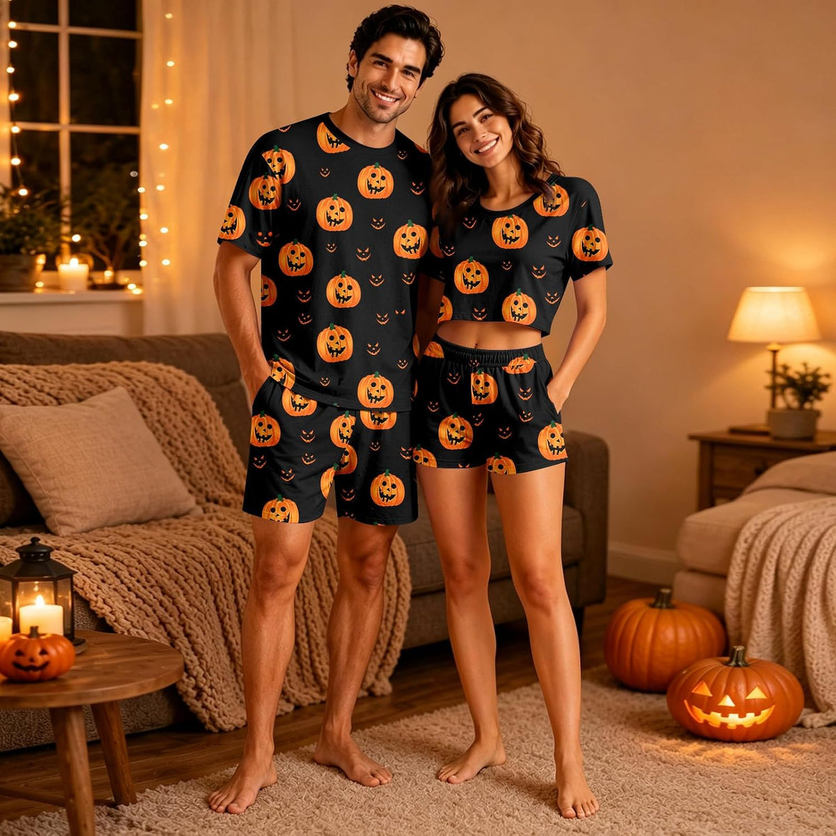 Matching Pjs for Couples Pumpkin Funny Short Sleeve Tops Matching Shorts