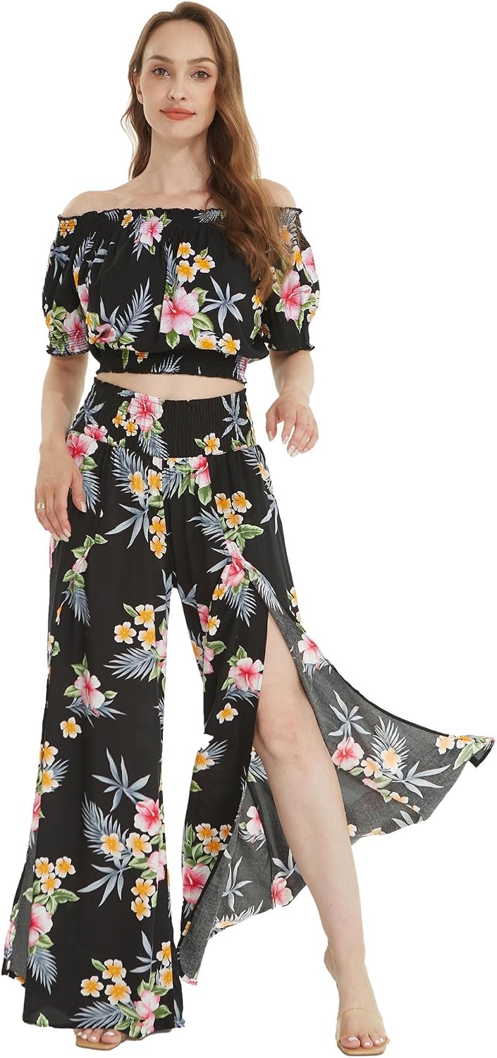 Matchable Couple Hawaiian Shirt or Top & Pants Hibiscus Black