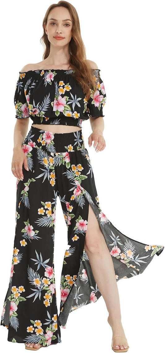 Matchable Couple Hawaiian Shirt or Top & Pants Hibiscus Black