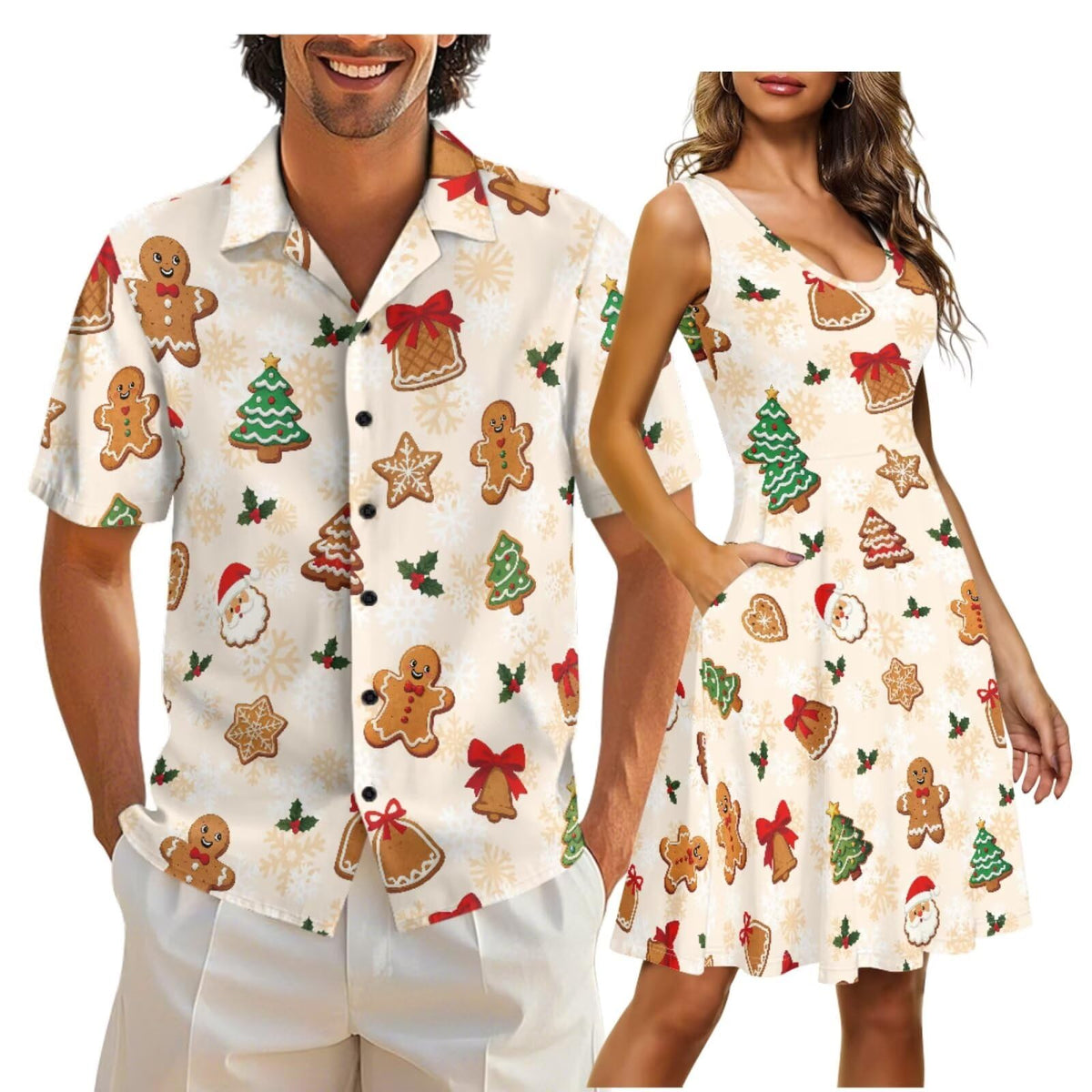 Cozeyat Matching Hawaiian Outfits for Couples Mens Button Up Polos Shirt and Women Sleeveless Sundress with Pockets