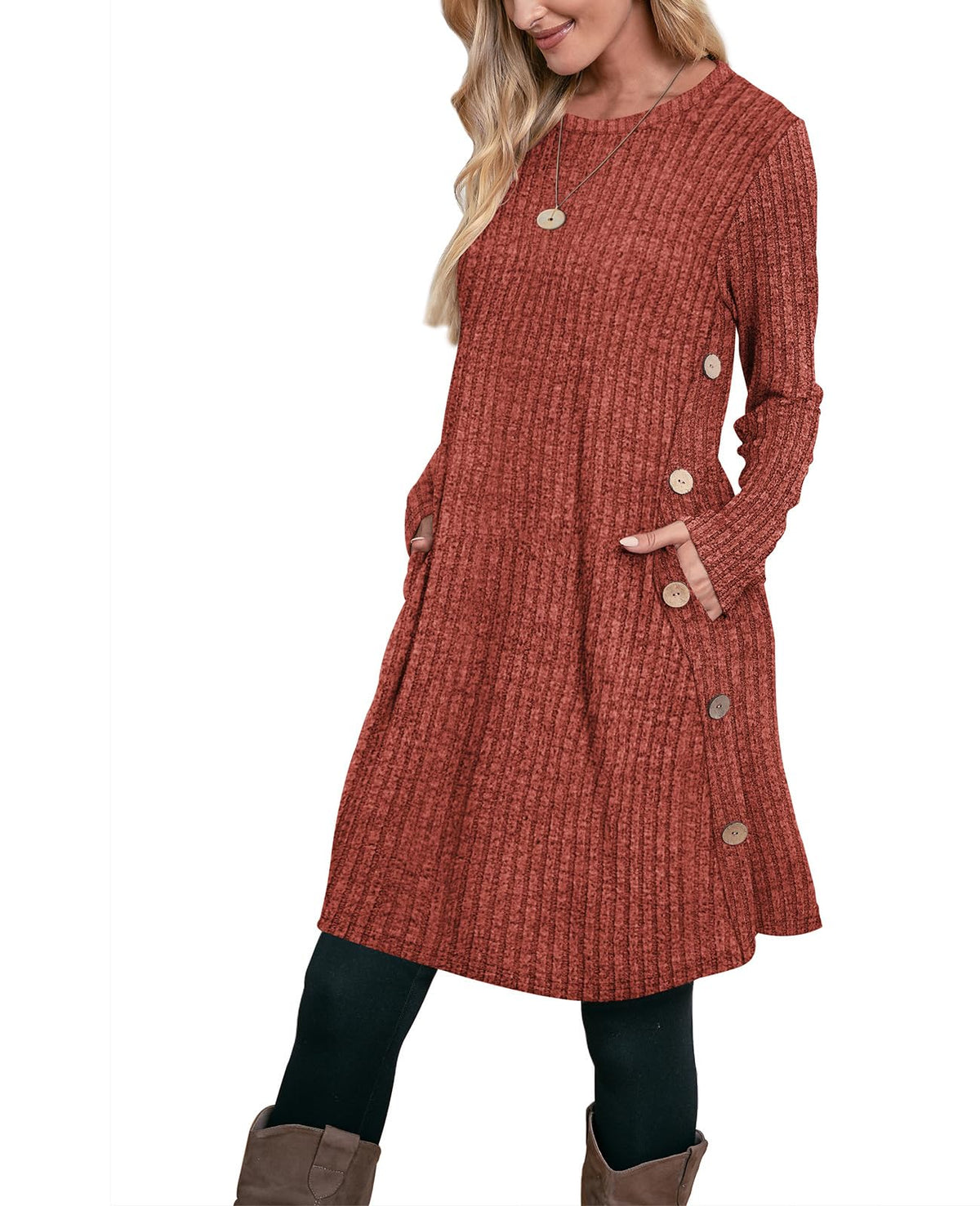 OFEEFAN Fall Dresses for Women 2026 Crew Neck Long Sleeve Dress with Pockets