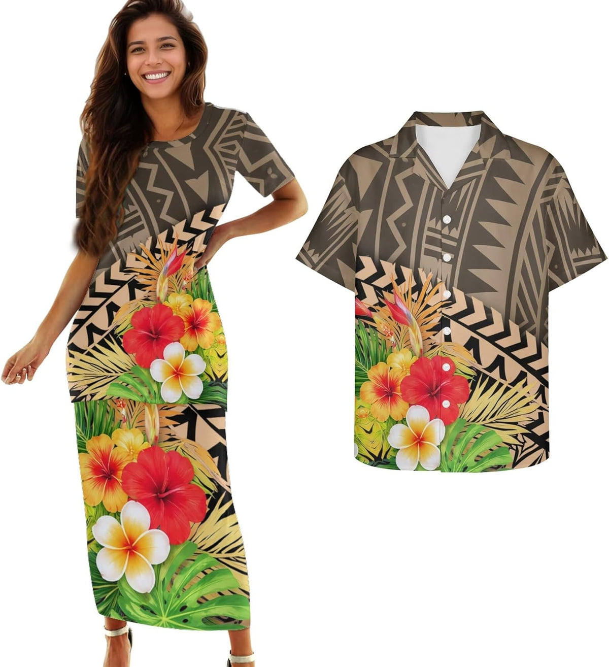 Samoa Couple Outfit Polynesian Dress for Women Traditional Puletasi Shirts for Men Beach Lava Lava Luau