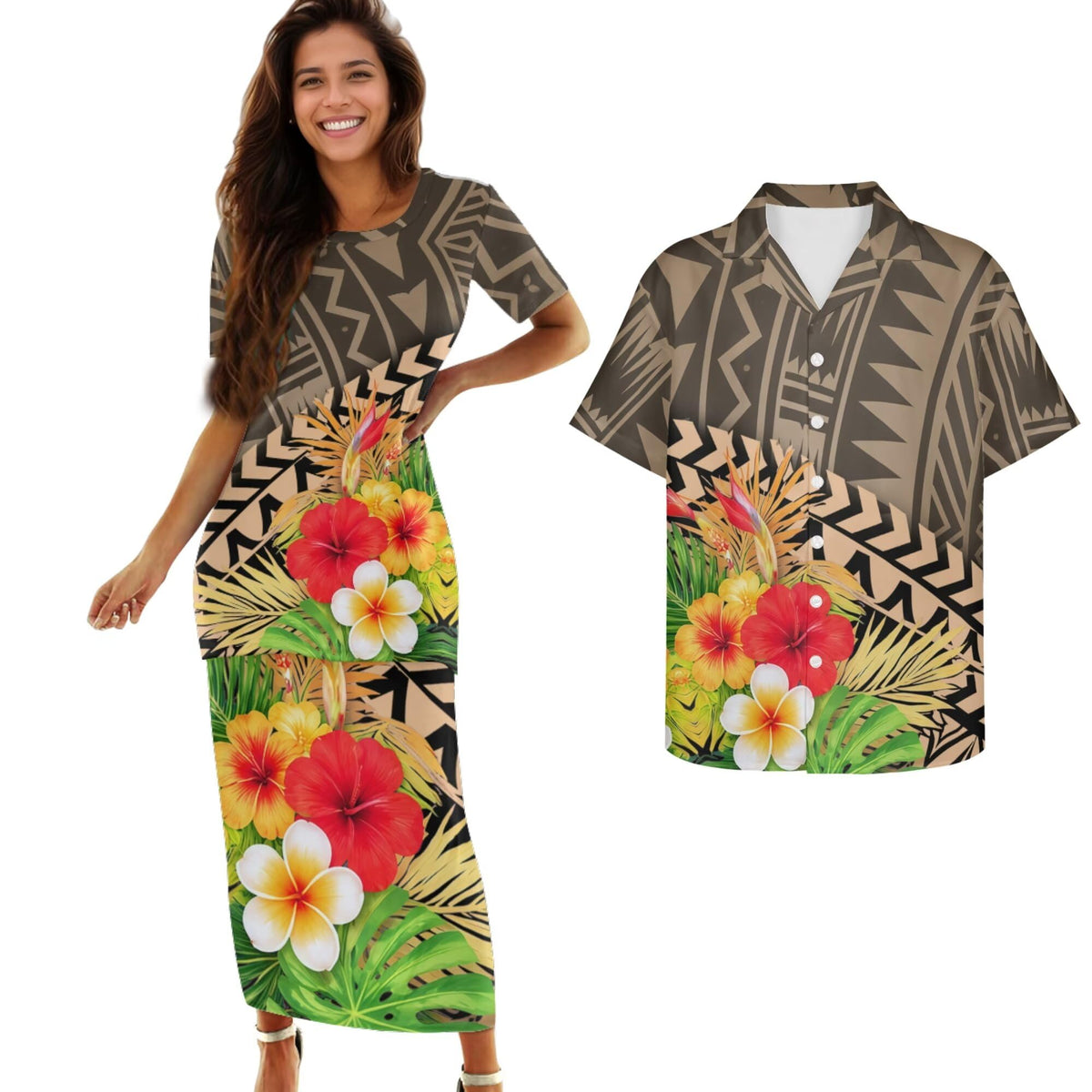 Samoa Couple Outfit Polynesian Dress for Women Traditional Puletasi Shirts for Men Beach Lava Lava Luau