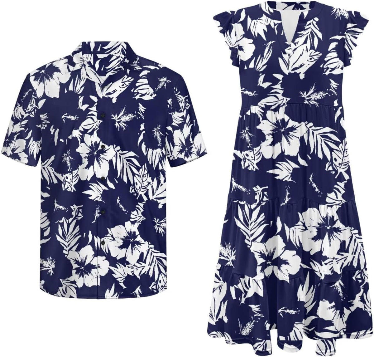 His and Hers Matching Hawaiian Outfits Mens Button Down Shirt Flowy Tiered Midi Dress