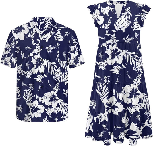 His and Hers Matching Hawaiian Outfits Mens Button Down Shirt Flowy Tiered Midi Dress