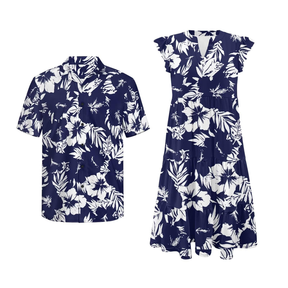 His and Hers Matching Hawaiian Outfits Mens Button Down Shirt Flowy Tiered Midi Dress
