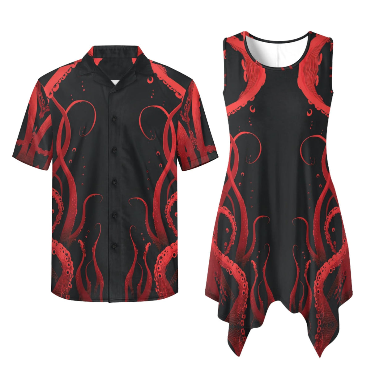 TOADDITDO Couple Shirts and Dress Matching Outfit Womens Sleeveless Flared Mini Sundress or Mens Buttons Hawaiian Aloha Shirt