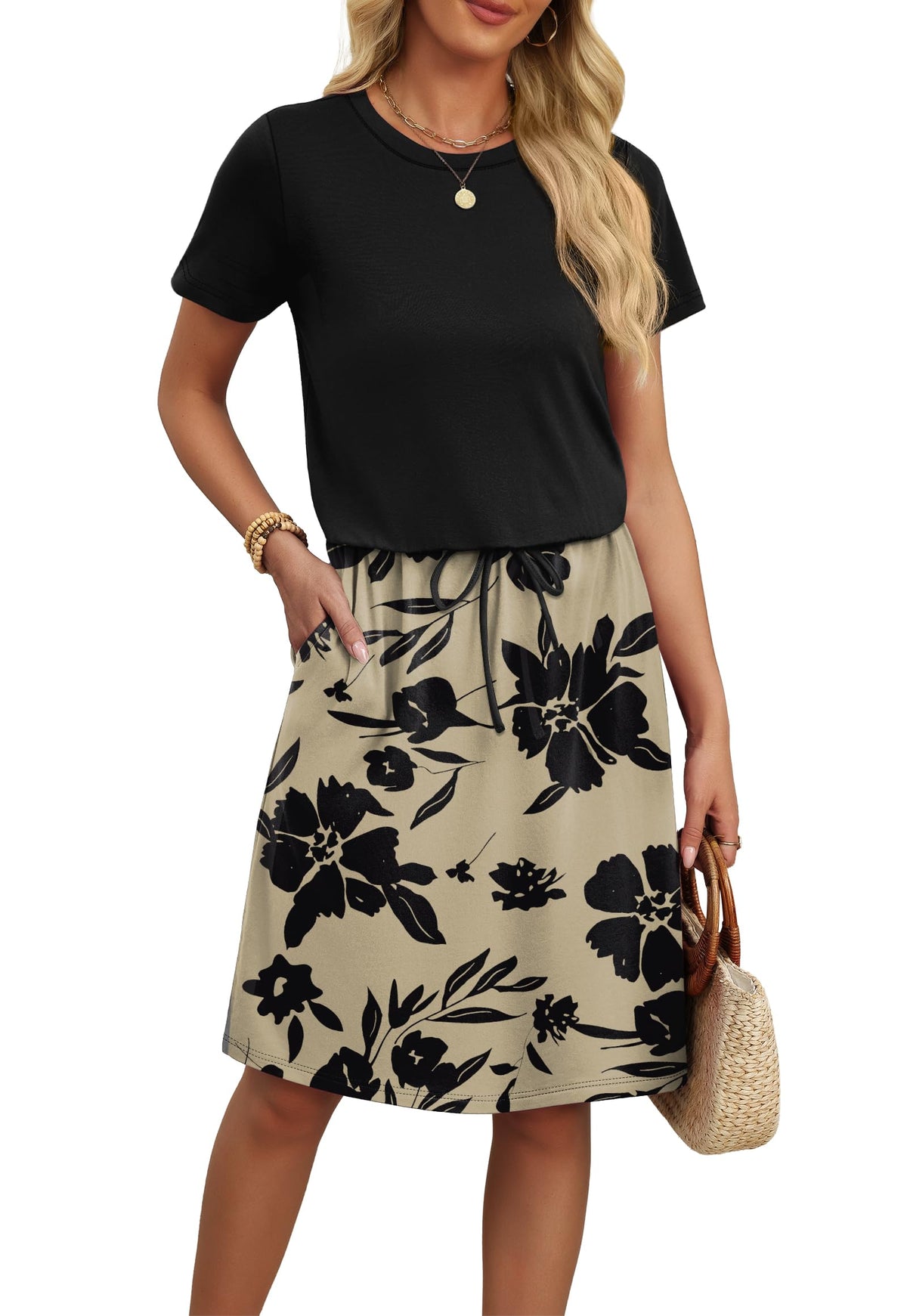 OFEEFAN Womens Summer Dresses Fashion Short Sleeve Crew Neck T Shirt Sundresses Casual Tie Waist with Pockets