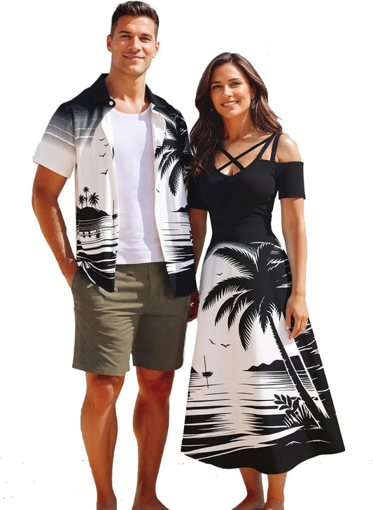 Matchable Couple Hawaiian Coconut Tree Print Shirt or Plus Size Midi Cold Shoulder Dress