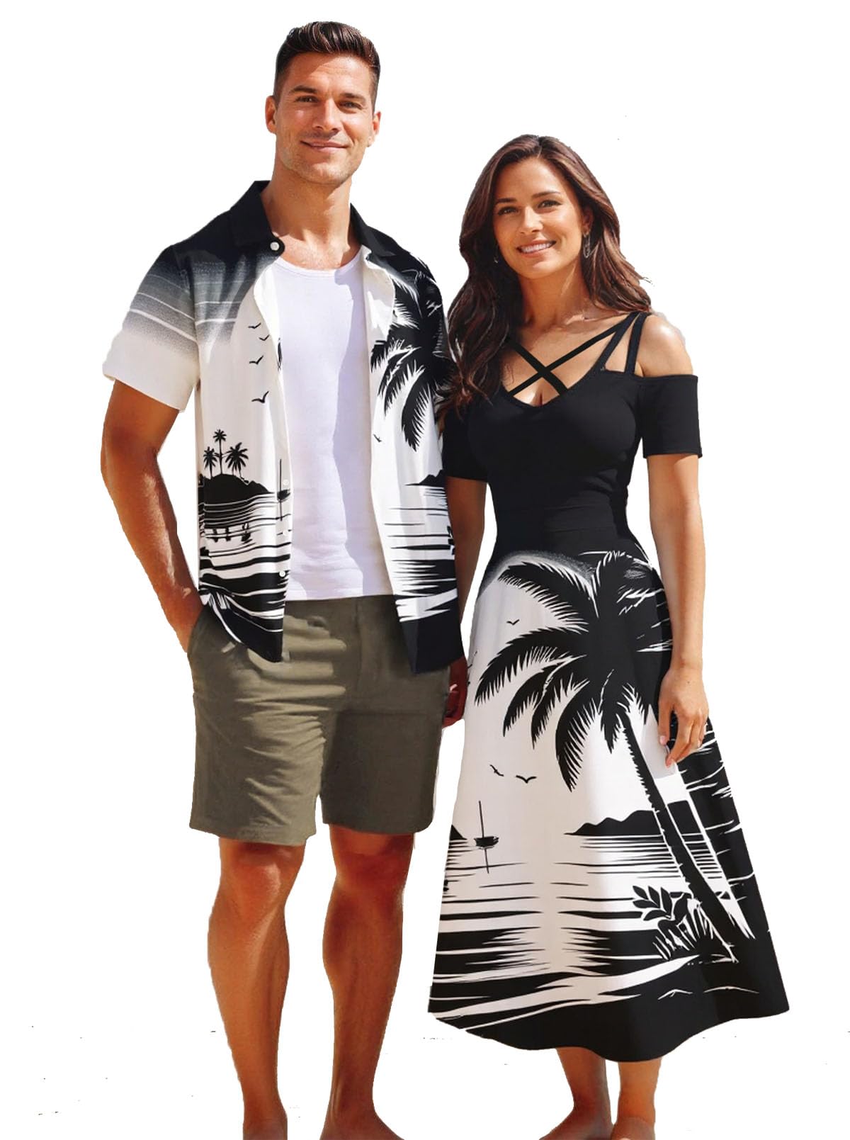 Matchable Couple Hawaiian Coconut Tree Print Shirt or Plus Size Midi Cold Shoulder Dress