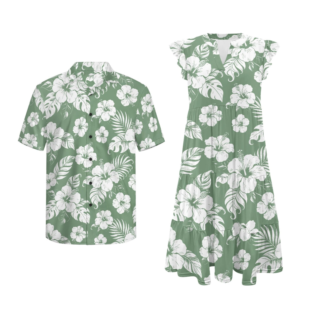 His and Hers Matching Hawaiian Outfits Mens Button Down Shirt Flowy Tiered Midi Dress