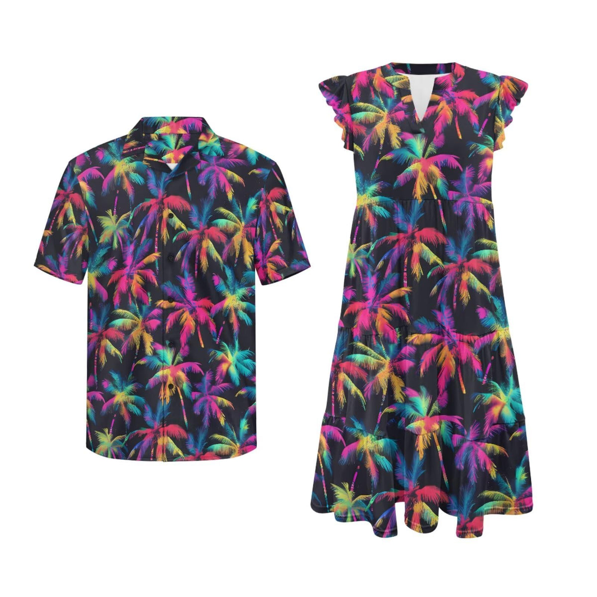 His and Hers Matching Hawaiian Outfits Mens Button Down Shirt Flowy Tiered Midi Dress