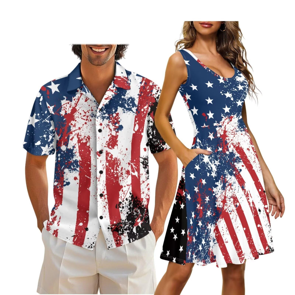 Cozeyat Independence Day Matching Outfits for Couples Mens Short Sleeve Button Down Shirts Womens Sleeveless Dress