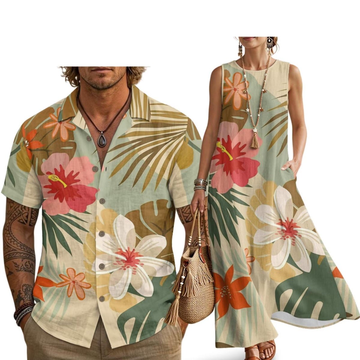Husband and Wife Clothes Linen Casual Shirt for Men Maxi Dress for Women Summer Dress Matching Vacation Clothes