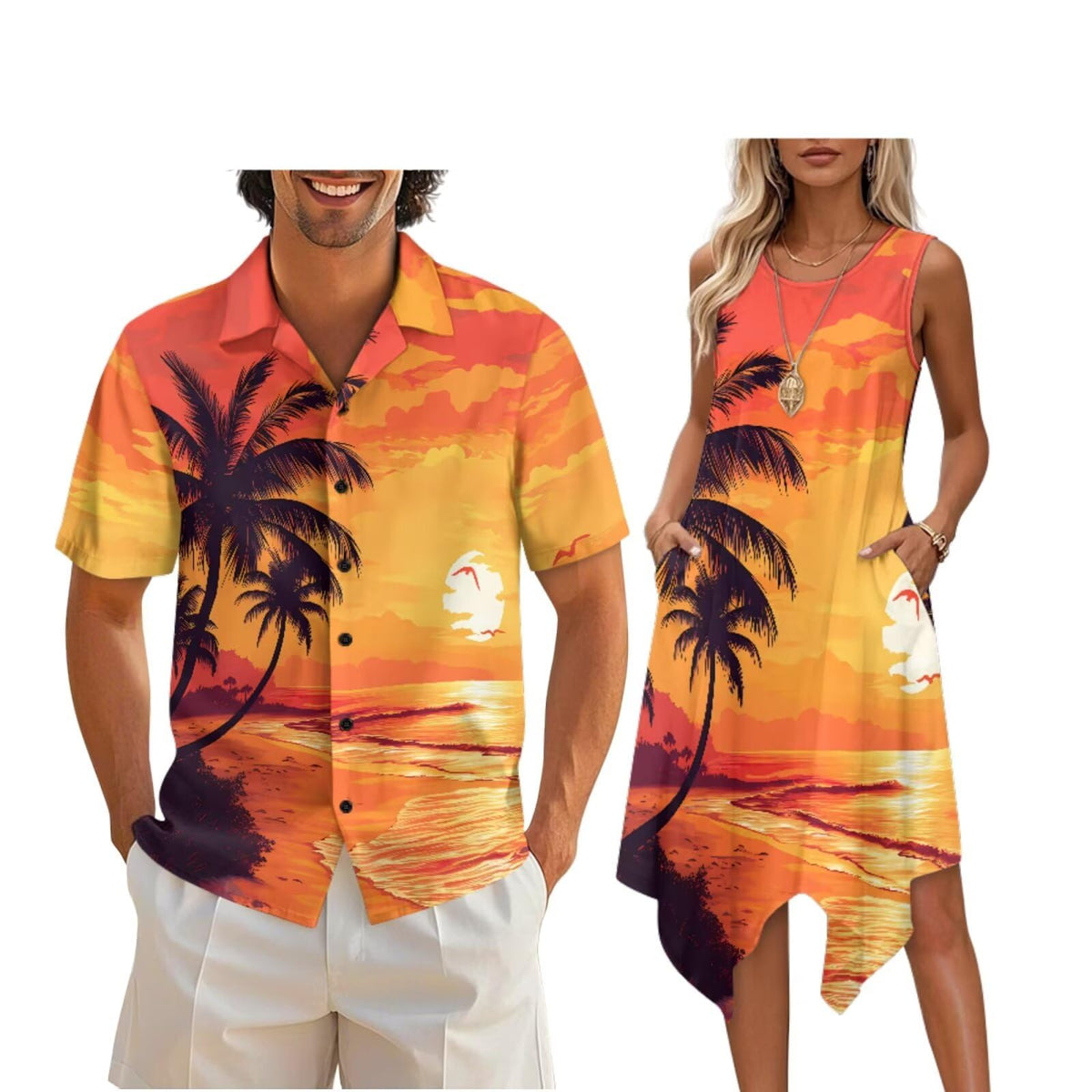 doginthehole Matching Hawaiian Outfits for Couples Men's Button Down Shirt Sleeveless Sundresses Summer Dress for Women