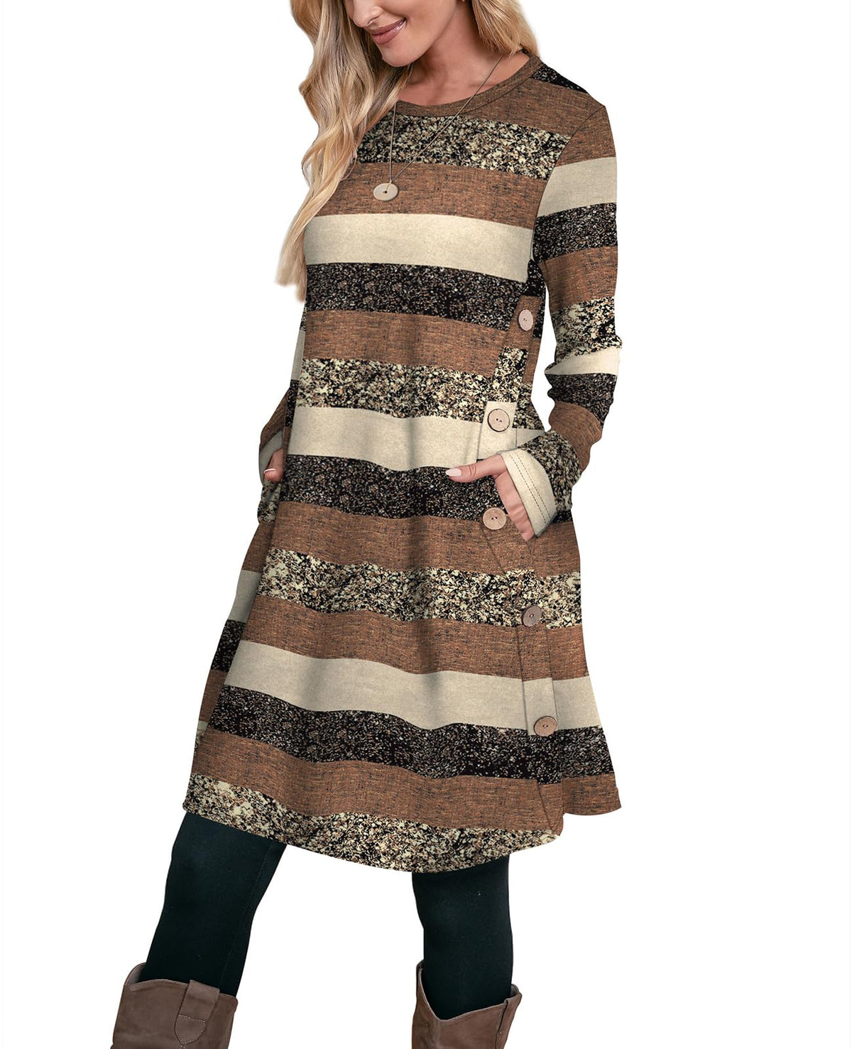 OFEEFAN Fall Dresses for Women 2026 Crew Neck Long Sleeve Dress with Pockets