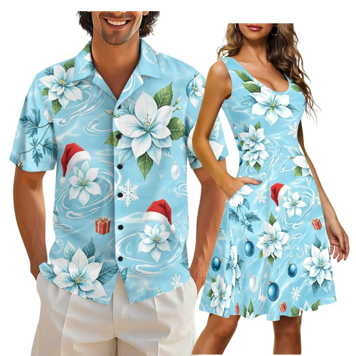 Cozeyat Matching Hawaiian Outfits for Couples Mens Button Up Polos Shirt and Women Sleeveless Sundress with Pockets