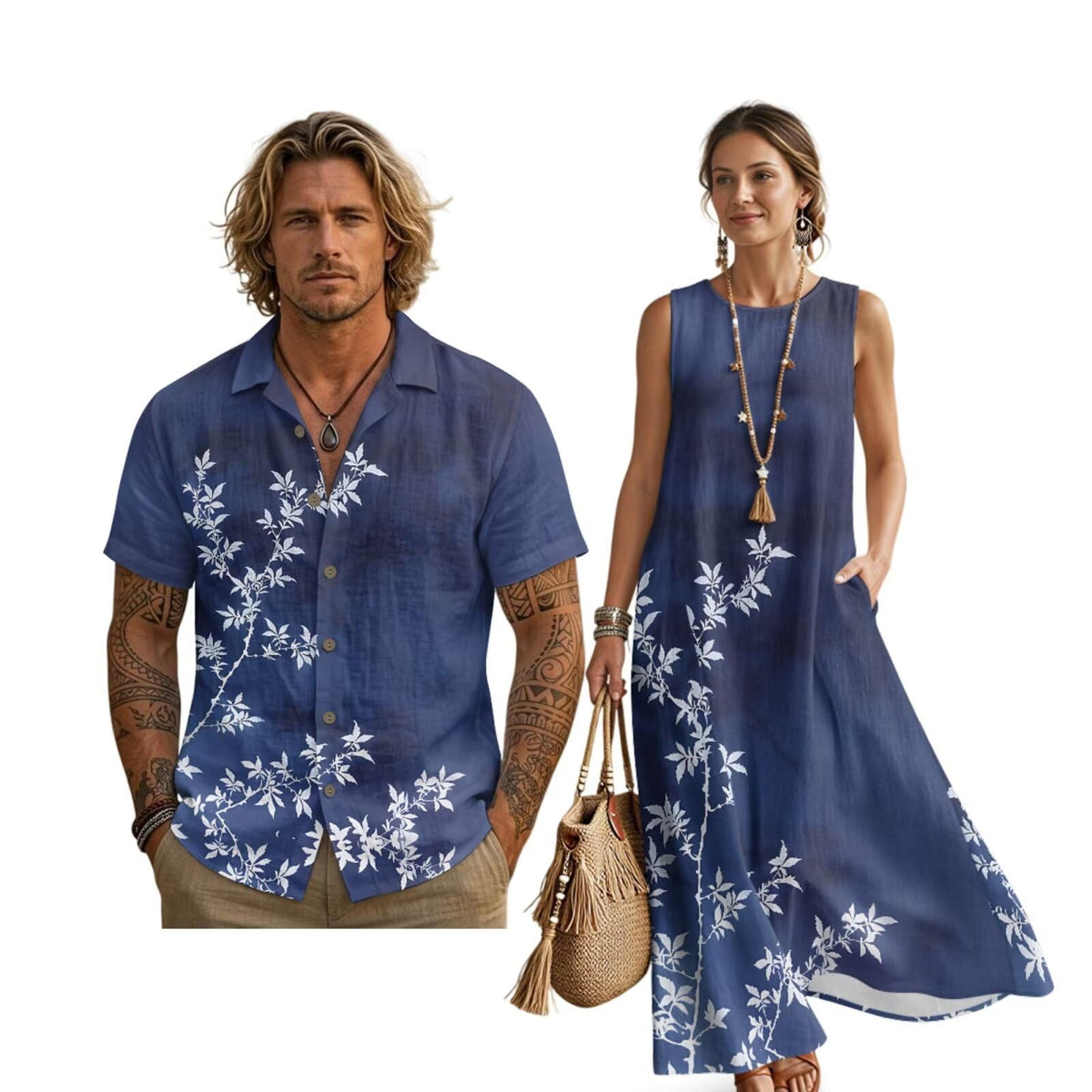 Women's Summer Dresses Sleeveless Sundresses, Men's Button Down Short Sleeve Shirts, Linen Couple Matching Outfits