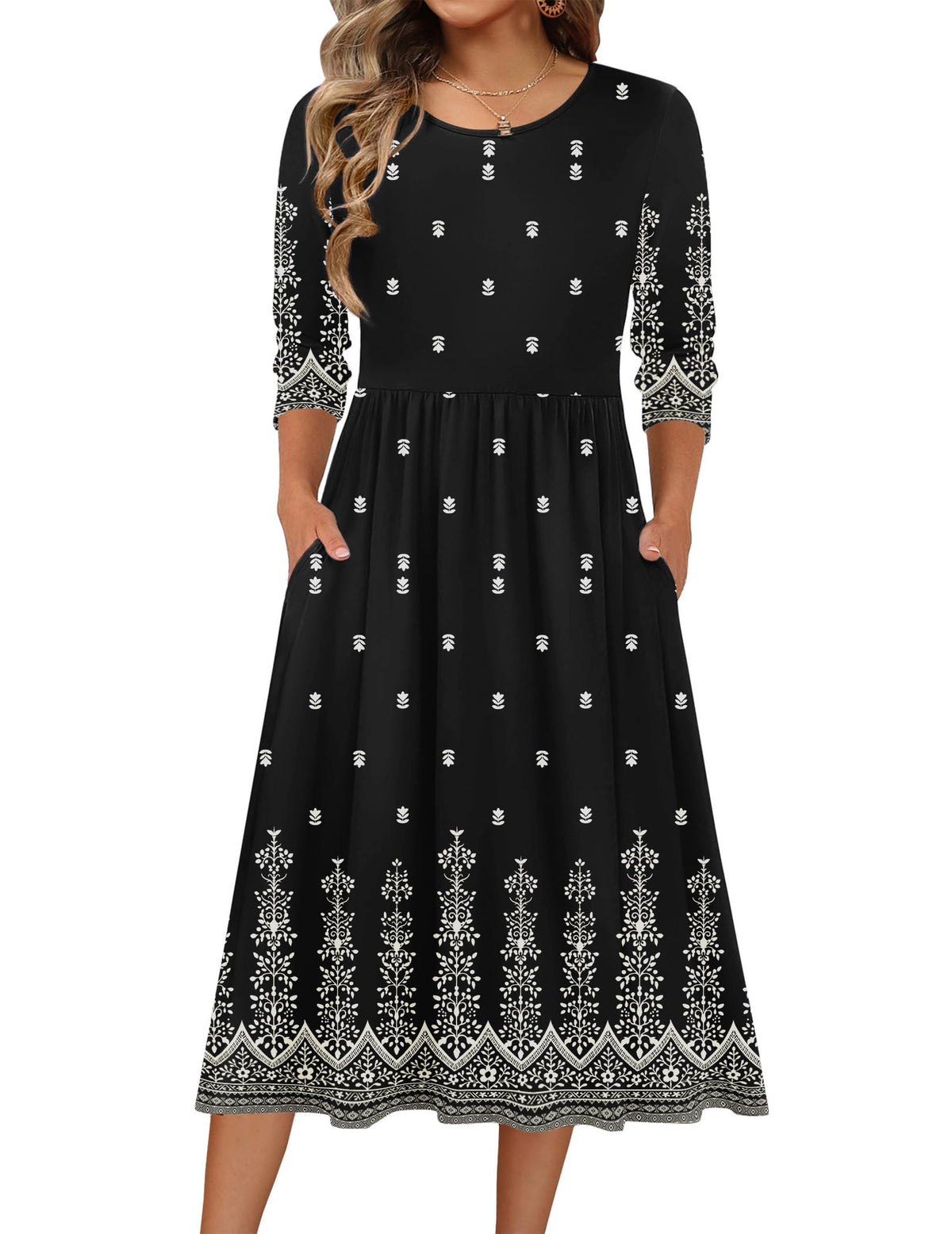 Zeagoo 3/4 Sleeve Women's Dress Casual Aline Summer Fall Midi Long Dresses
