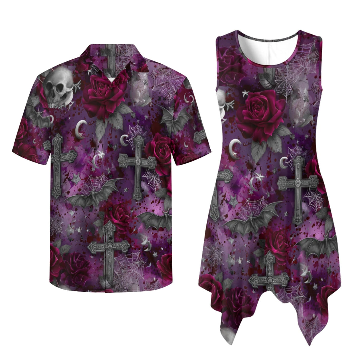 TOADDITDO Couple Shirts and Dress Matching Outfit Womens Sleeveless Flared Mini Sundress or Mens Buttons Hawaiian Aloha Shirt