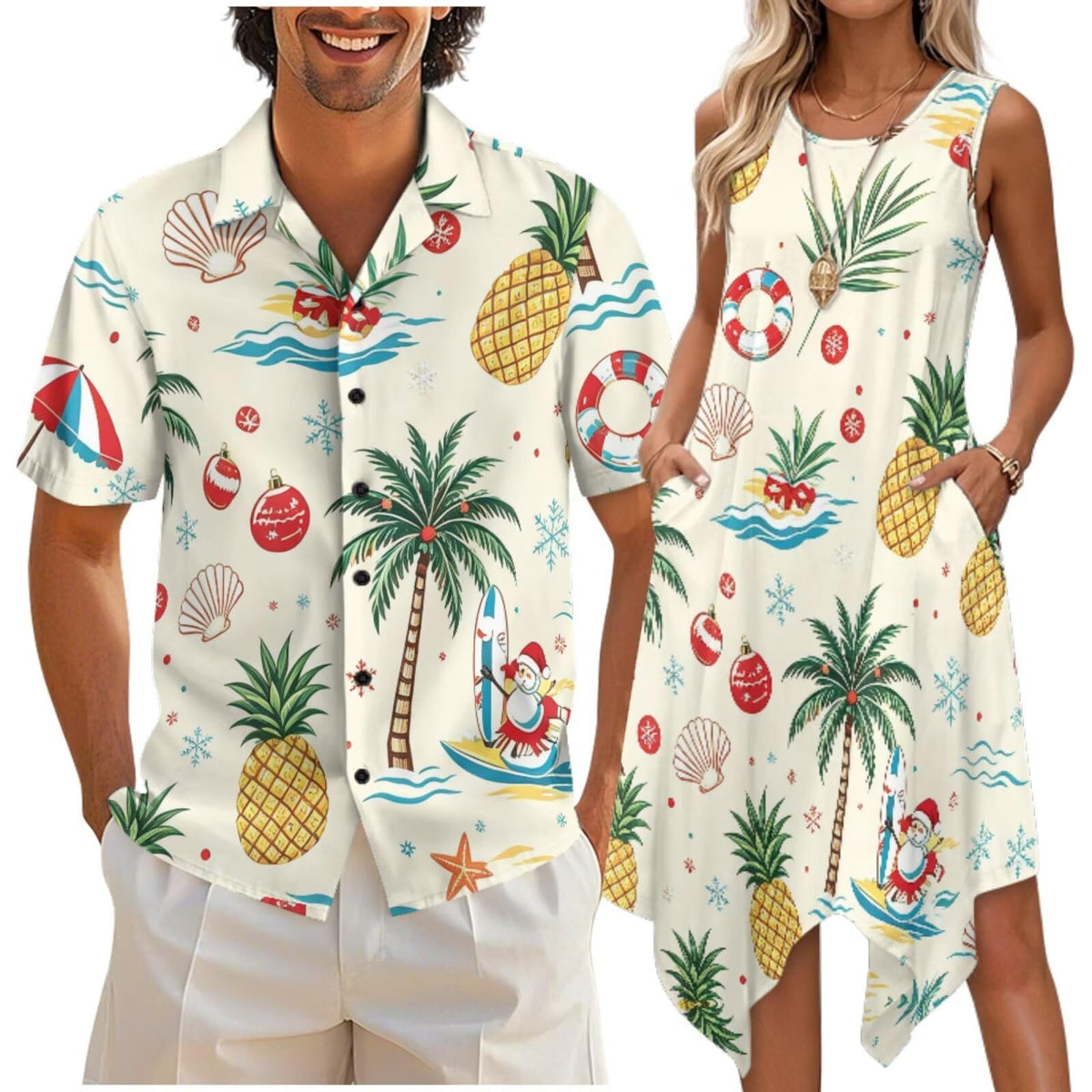 doginthehole Matching Hawaiian Outfits for Couples Men's Button Down Shirt Sleeveless Sundresses Summer Dress for Women