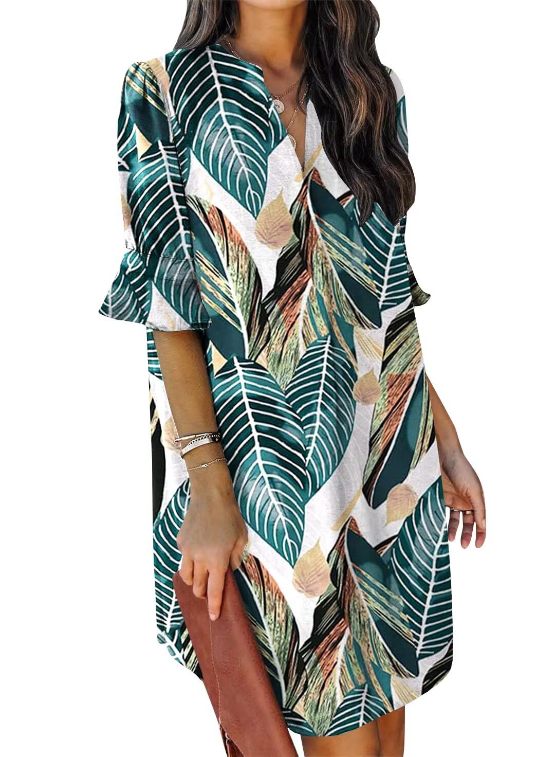 QACOHU Summer Dresses for Women V Neck Ruffle Short Sleeve Shift Dress