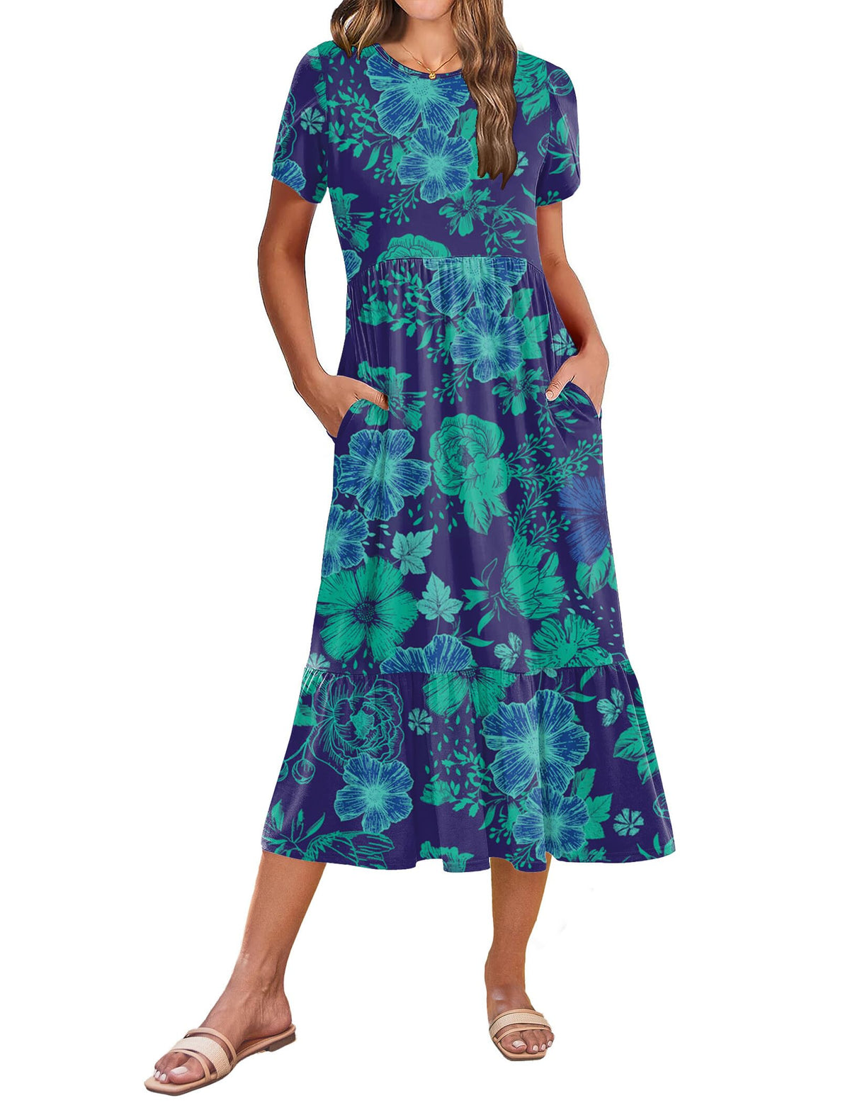 Zeagoo Women Summer Midi A Line Dress Short Sleeve Casual Flowy Tiered Beach Long Sundress with Pockets 2026 Vacation Travel
