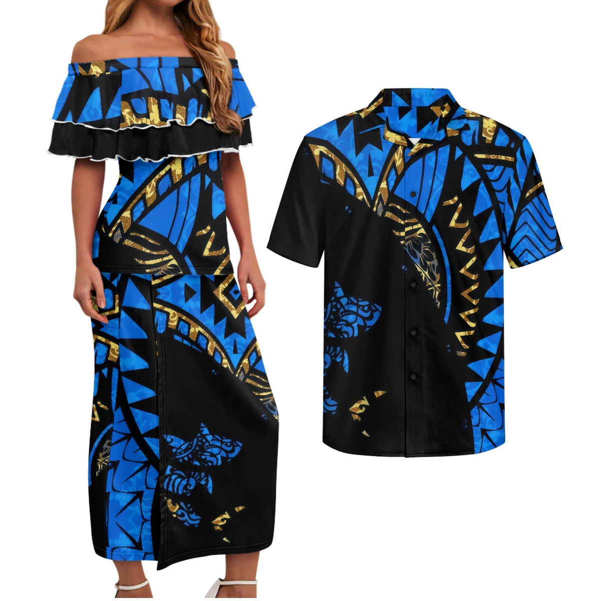 Polynesian Couples Matching Outfits Short Sleeve Puletsai Samoan Traditional Dress & Man Shirts