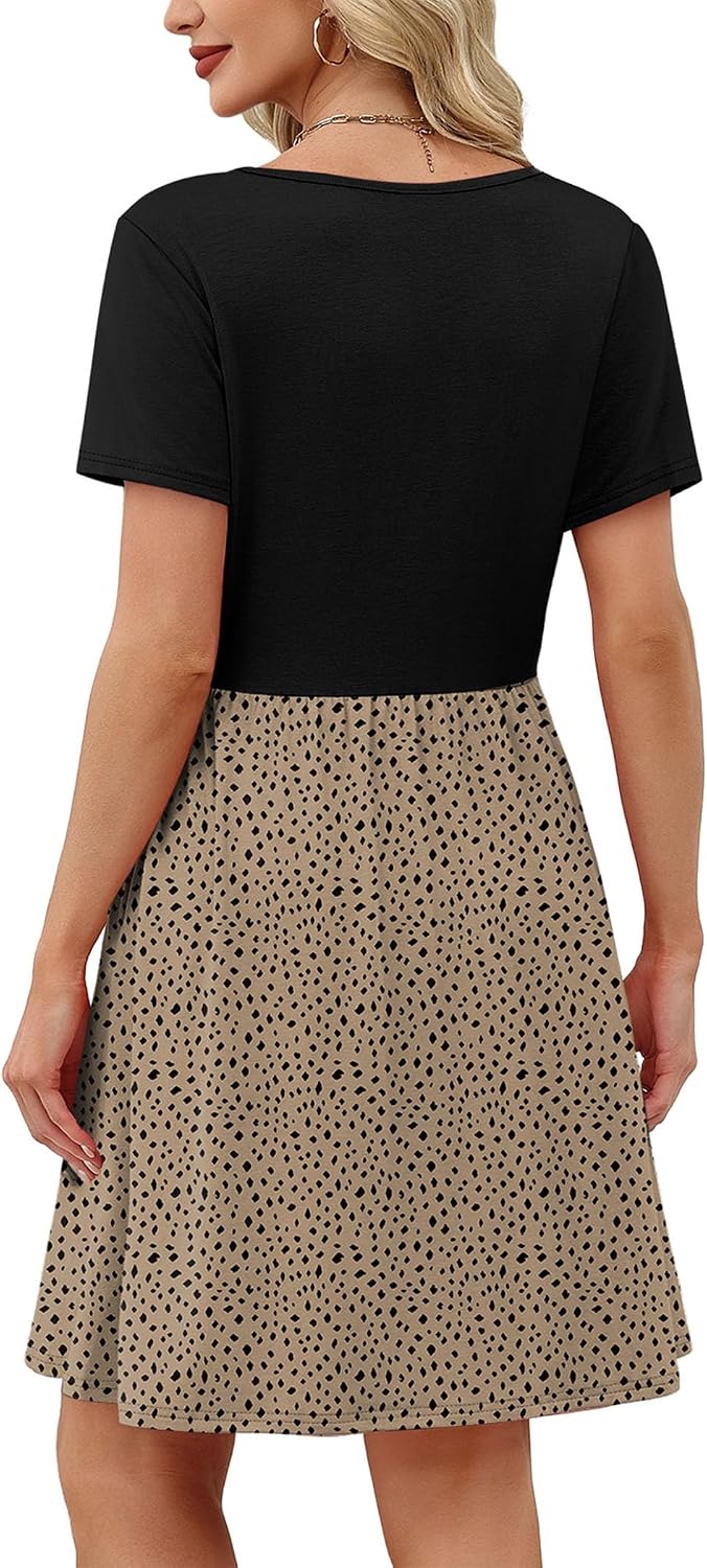 OFEEFAN Womens Summer Dresses 2025 Short Sleeve Square Neck Casual Sundresses with Pockets A-Line Color Block
