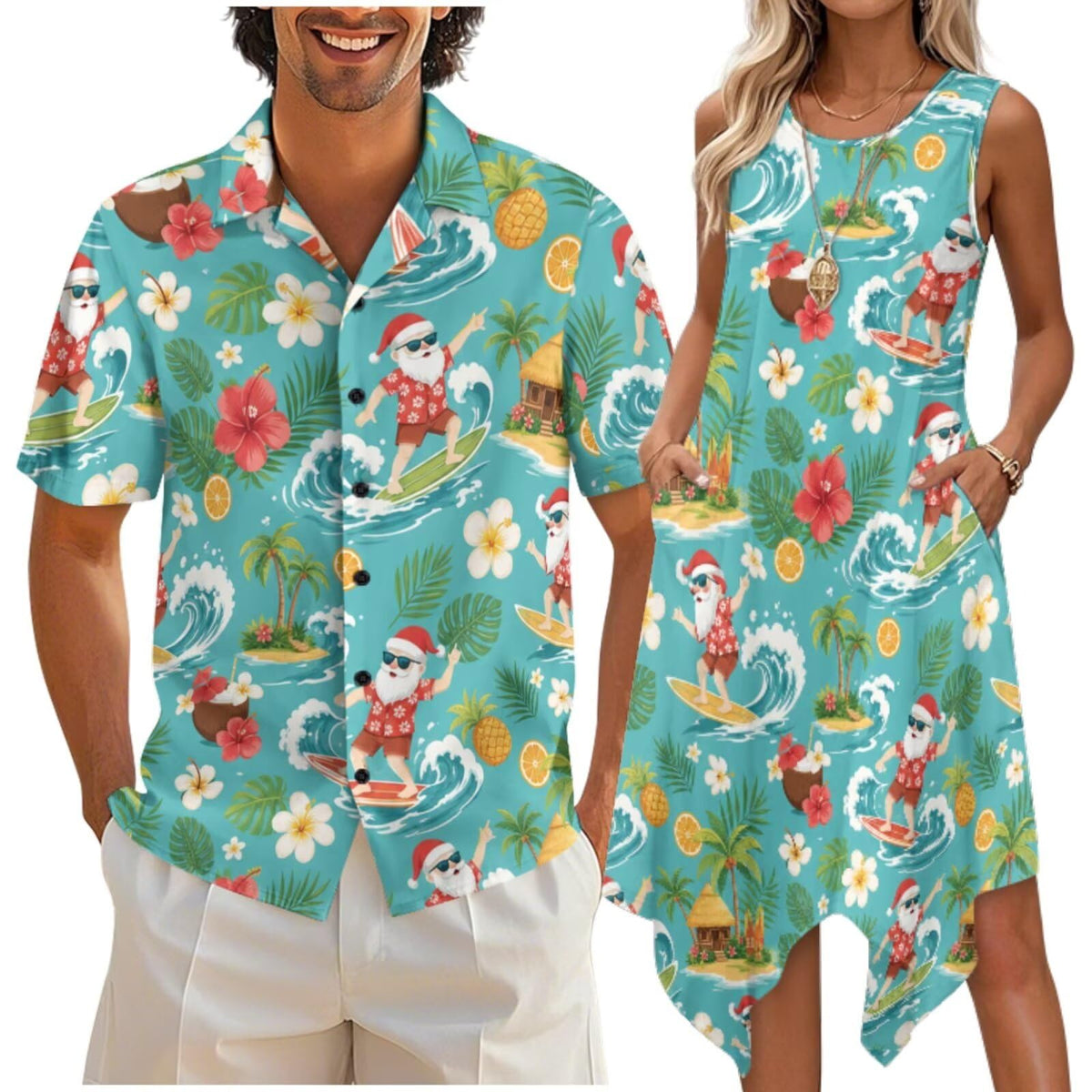 doginthehole Matching Hawaiian Outfits for Couples Men's Button Down Shirt Sleeveless Sundresses Summer Dress for Women