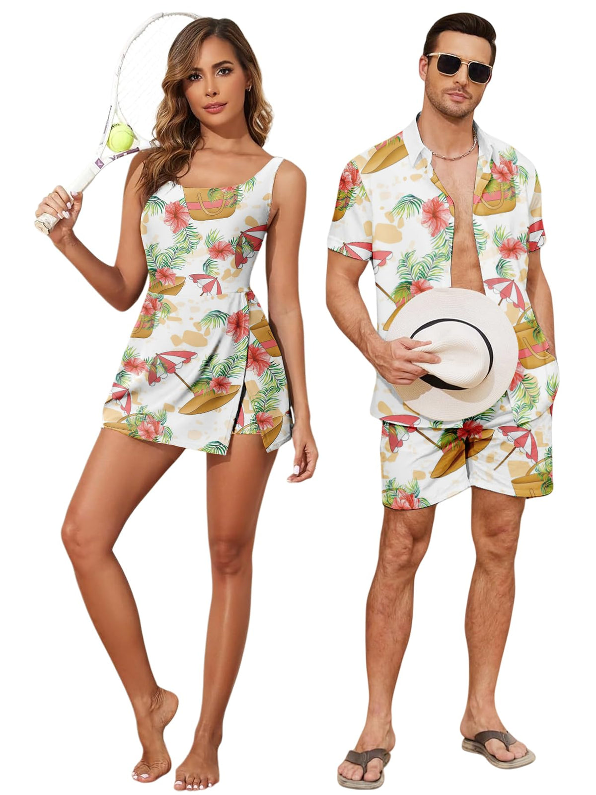 Matching Hawaiian Outfits Beach Vacation for Couples Tropical Print Women One Piece Swimwear or Men Shirt Suit
