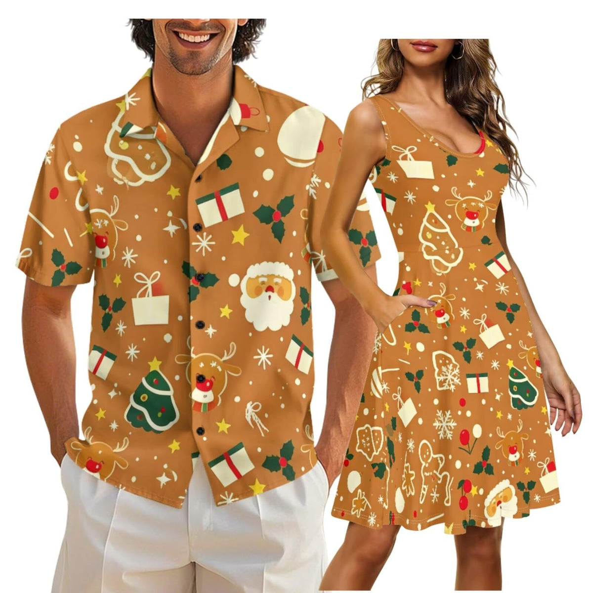 Gomyblomy Matching Hawaiian Outfits for Couples Vacation Tropical Floral Women Dress Mens Shirts His and Hers Clothing