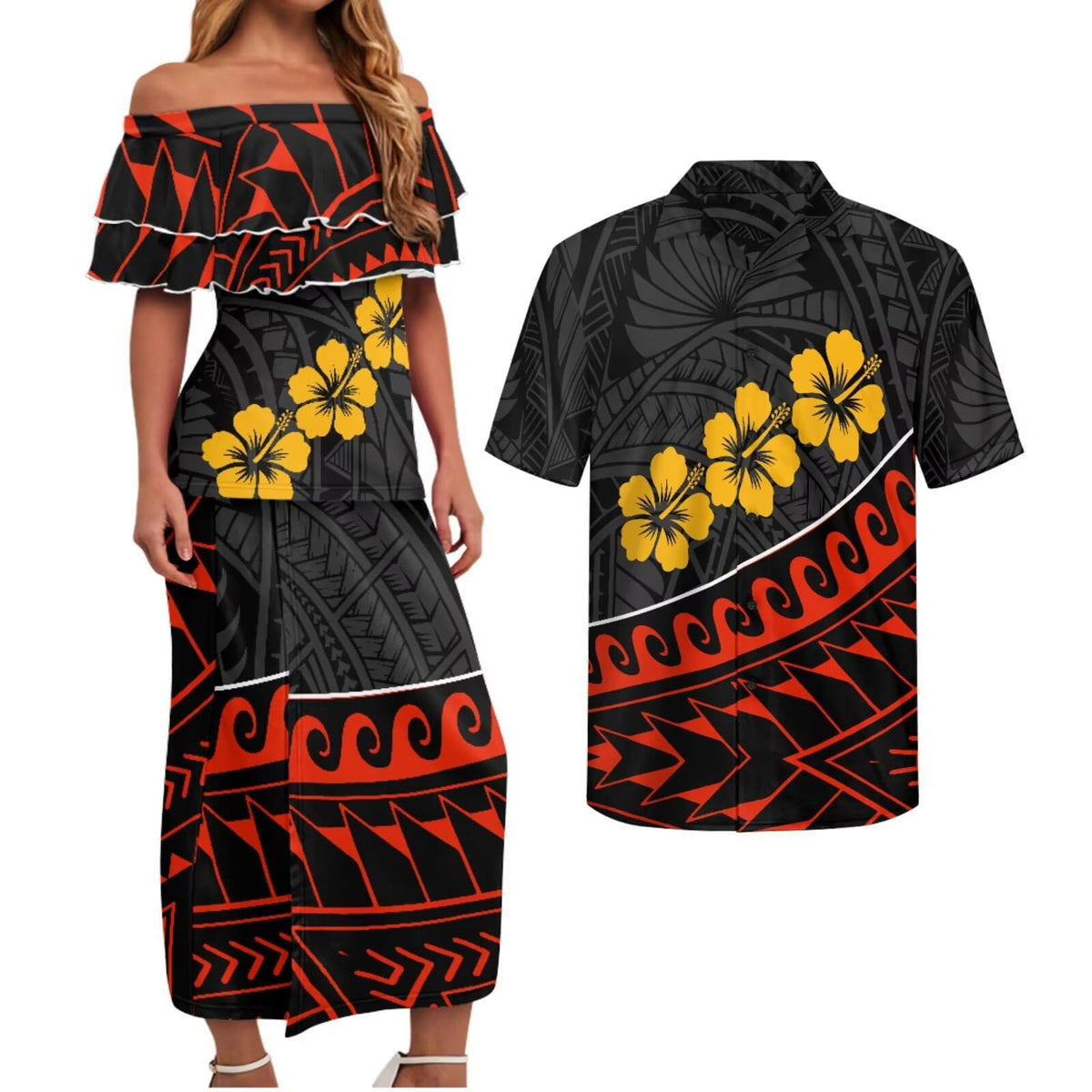 Polynesian Couples Matching Outfits Short Sleeve Puletsai Samoan Traditional Dress & Man Shirts