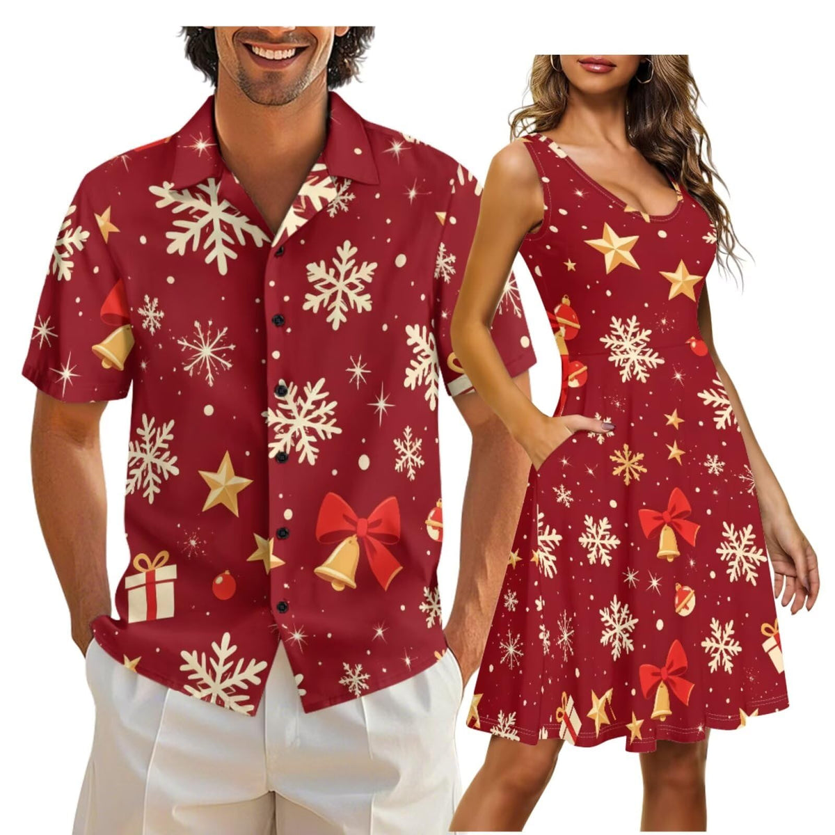 Gomyblomy Matching Hawaiian Outfits for Couples Vacation Tropical Floral Women Dress Mens Shirts His and Hers Clothing