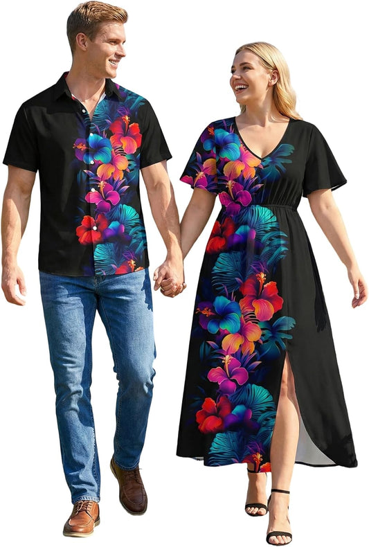 ROSE GAL Matchable Couples Hawaiian Men Shirt and Women Vintage V-Neck Split Dress