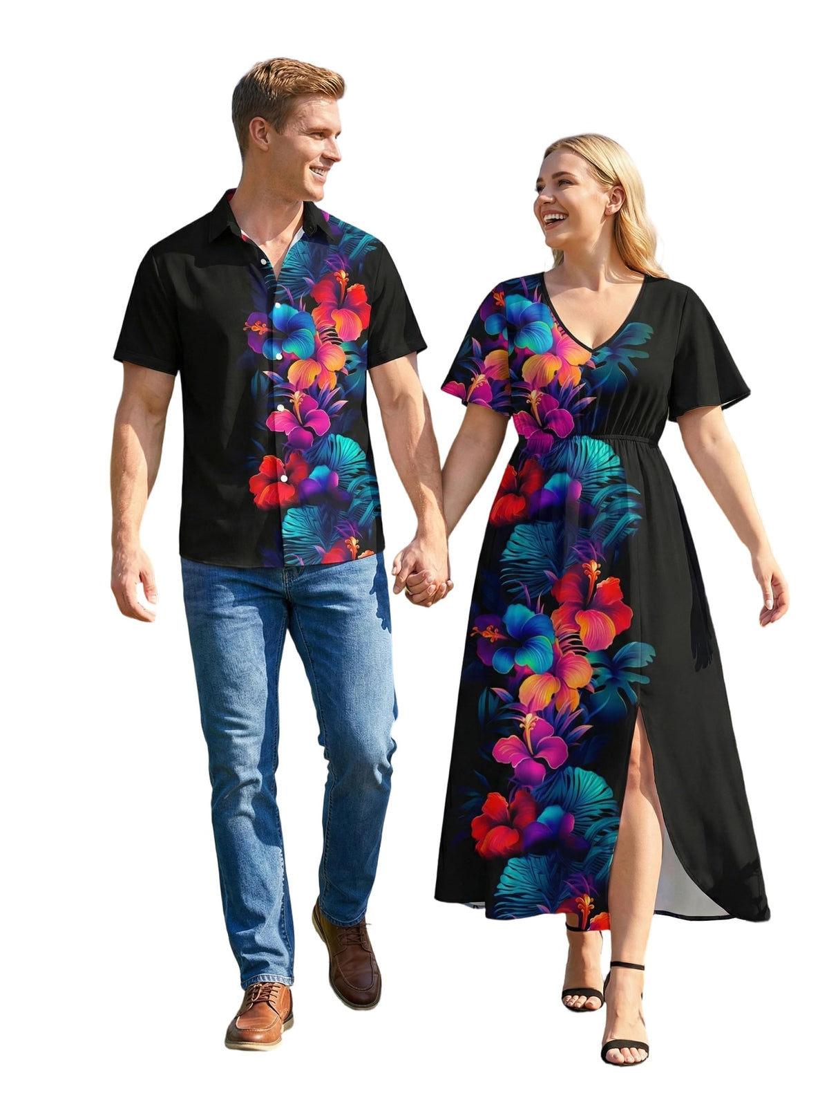 ROSE GAL Matchable Couples Hawaiian Men Shirt and Women Vintage V-Neck Split Dress