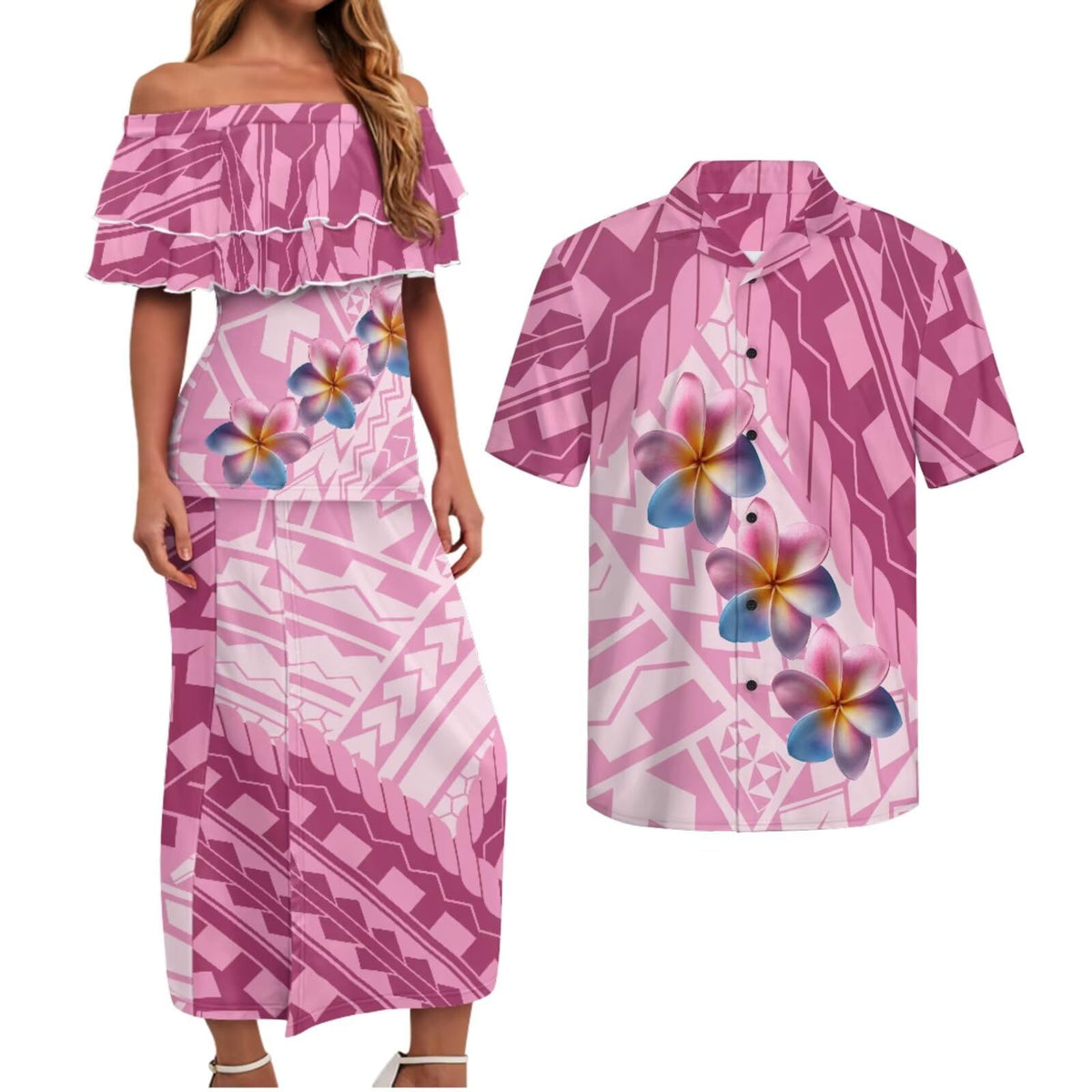 Polynesian Couples Matching Outfits Short Sleeve Puletsai Samoan Traditional Dress & Man Shirts