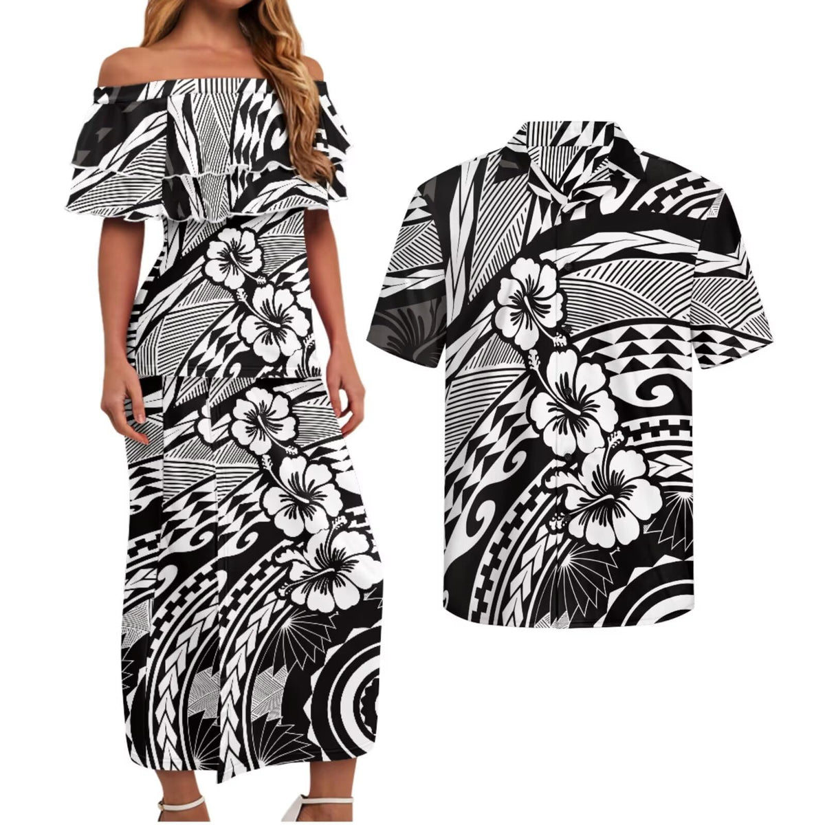 Polynesian Couples Matching Outfits Short Sleeve Puletsai Samoan Traditional Dress & Man Shirts