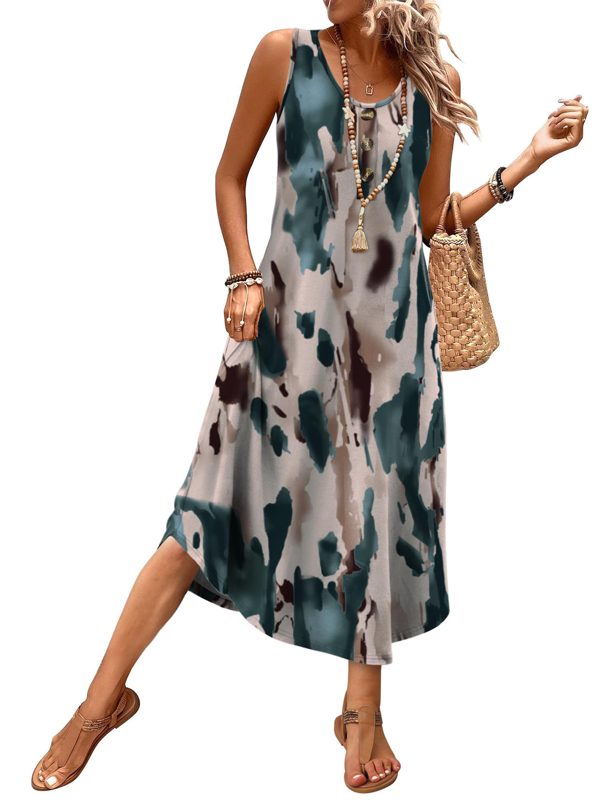WIHOLL Summer Dresses for Women 2026 Button Front Sleeveless Casual Midi Dress Beach Vacation Sundresses with Pockets