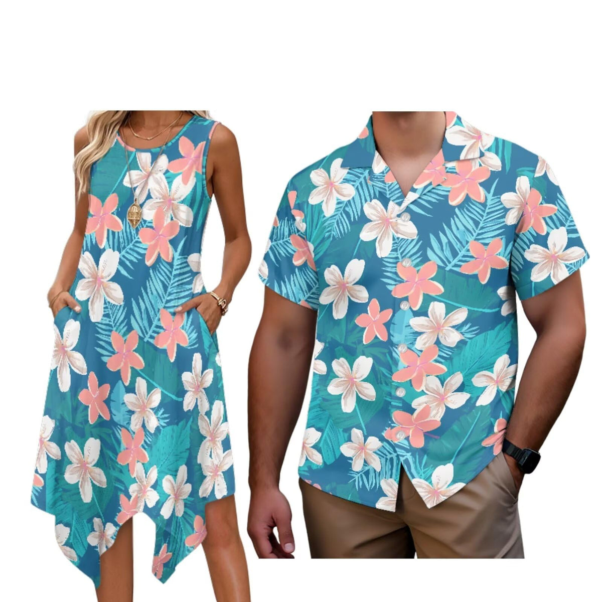 Matching Hawaiian Outfits for Couples Womens Asymmetrical Midi Dress Mens Beach Shirts Short Sleeve Button Up Shirt