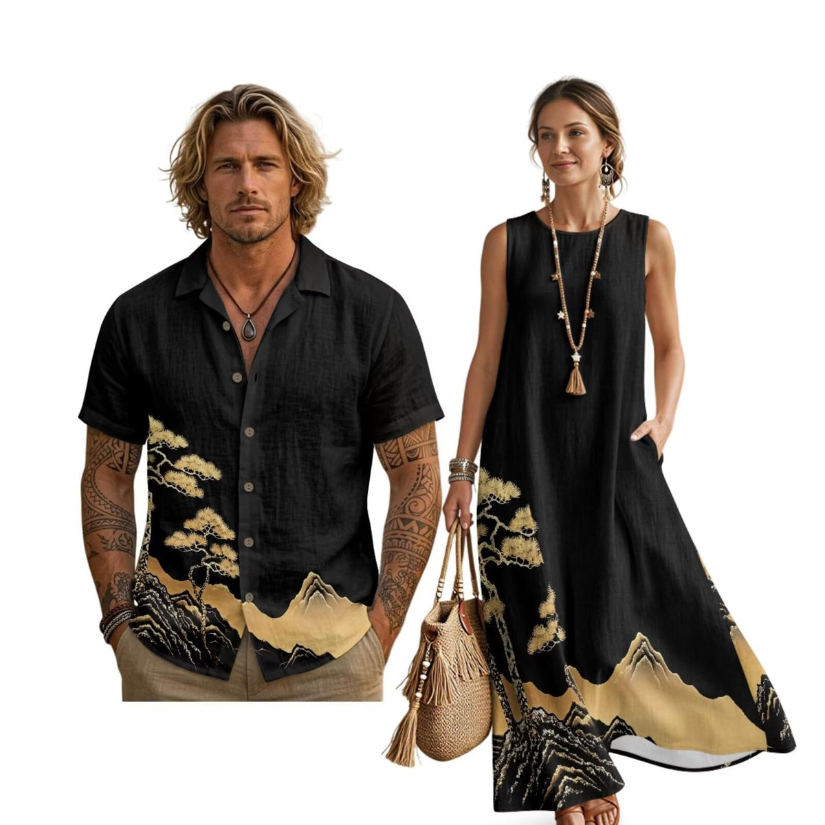 Women's Summer Dresses Sleeveless Sundresses, Men's Button Down Short Sleeve Shirts, Linen Couple Matching Outfits