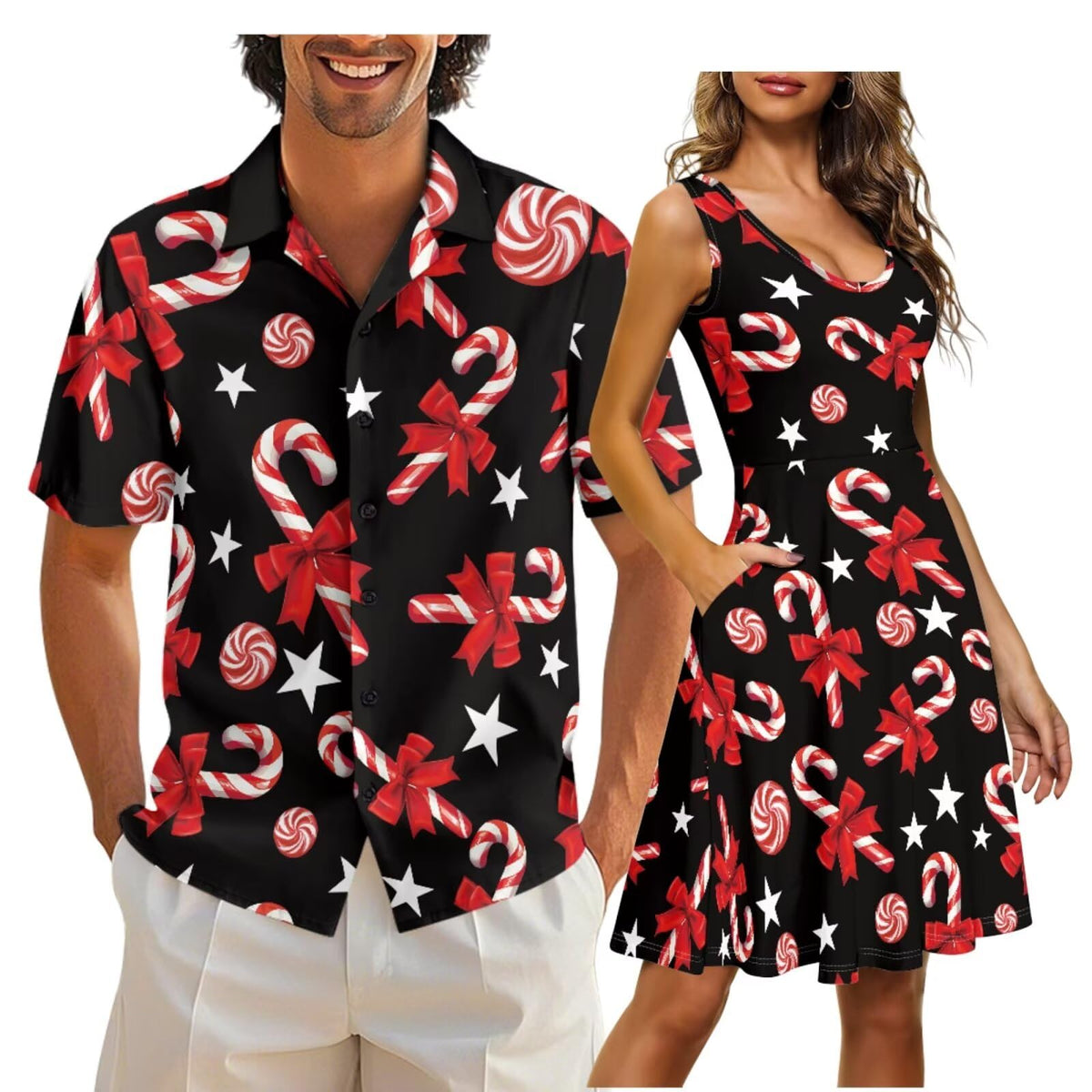 Cozeyat Matching Hawaiian Outfits for Couples Mens Button Up Polos Shirt and Women Sleeveless Sundress with Pockets