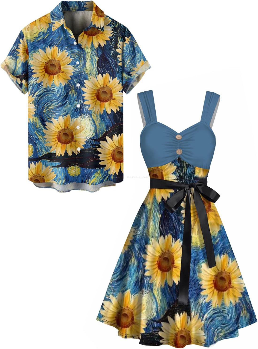 DRESSFO Couple Matching Hawaiian Outfits Allover Flower Print Sundress or Vacation Men's Button Up Shirt Outfit