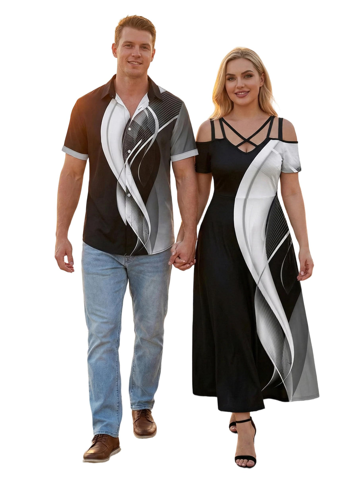 ROSE GAL Matchable Couples Hawaiian Men Shirt and Women Cold Shoulder Crisscorss Short Sleeves Midi Dress