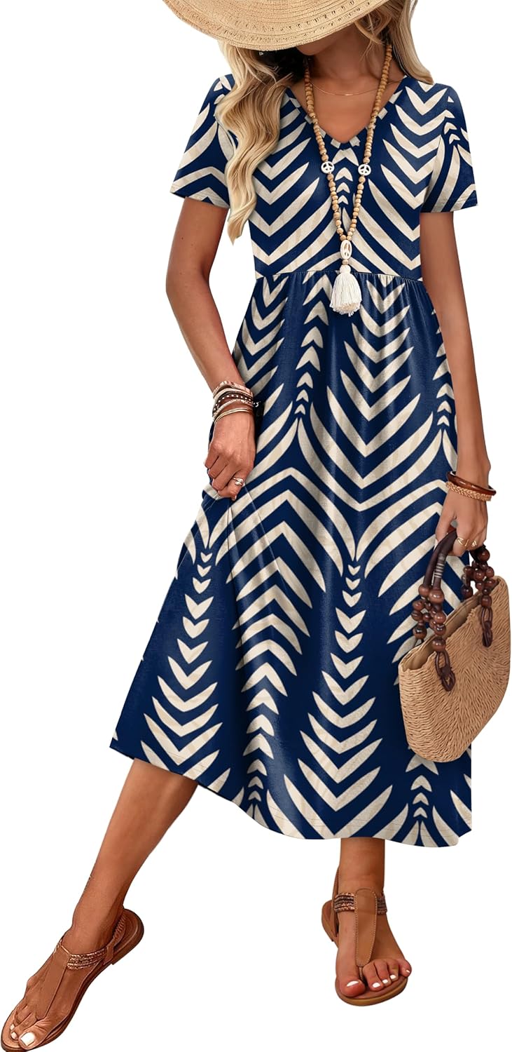 OFEEFAN Summer Dresses for Women Flowy Casual A-Line Midi Dress Beach Vacation Sundresses with Pockets S-2XL