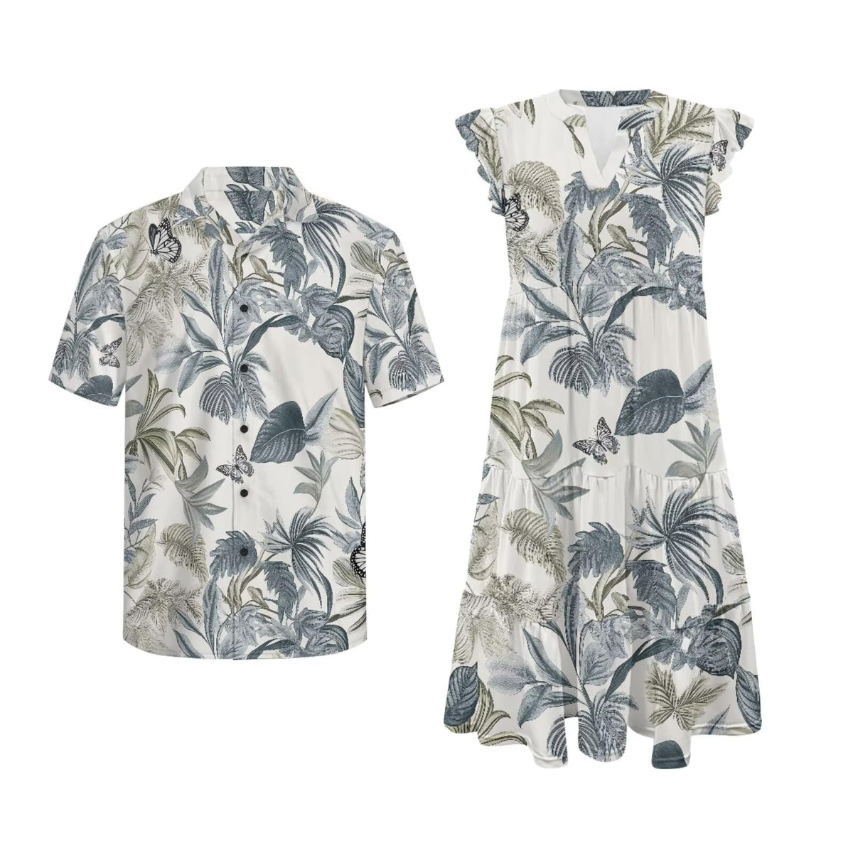 His and Hers Matching Hawaiian Outfits Mens Button Down Shirt Flowy Tiered Midi Dress
