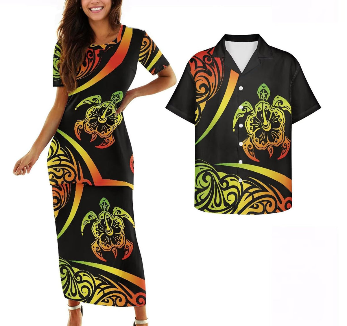Samoa Couple Outfit Polynesian Dress for Women Traditional Puletasi Shirts for Men Beach Lava Lava Luau