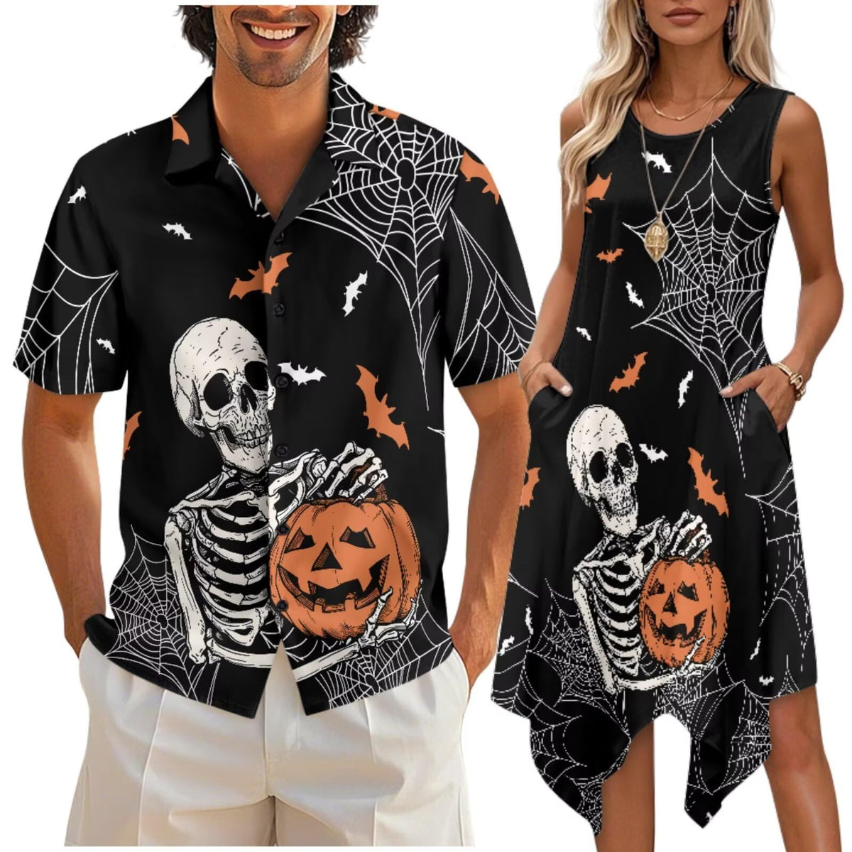 doginthehole Matching Hawaiian Outfits for Couples Men's Button Down Shirt Sleeveless Sundresses Summer Dress for Women